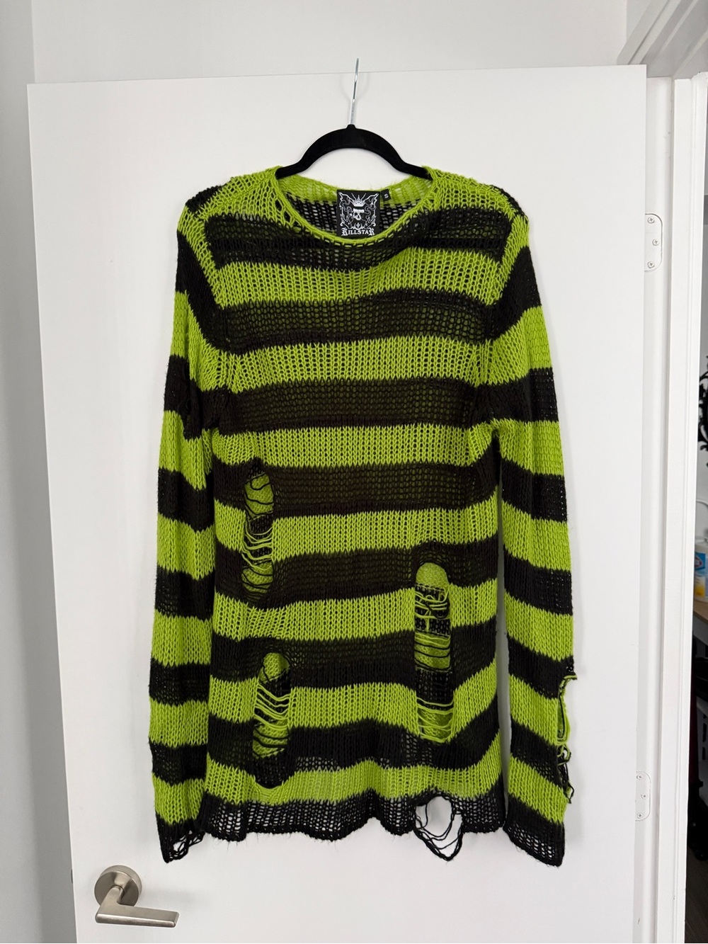Killstar Black and Lime Striped Distressed Knit Sweater - Picture 2 of 7